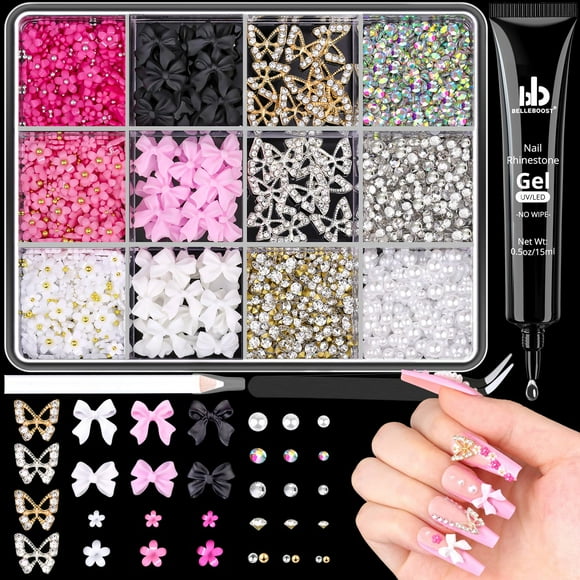 Juego de 10 dijes y gemas para uñas 3D con pegamento de diamantes de imitación, 20 dijes de mariposas gruesas + 60 lazos para uñas en 2 estilos + flores 3D con cristales, perlas, diamantes y herramien
