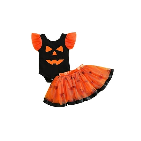 

Binpure Two Piece Baby Girl’s Clothes Halloween Printed Fly Sleeve Romper and Mesh Yarn Short Skirt