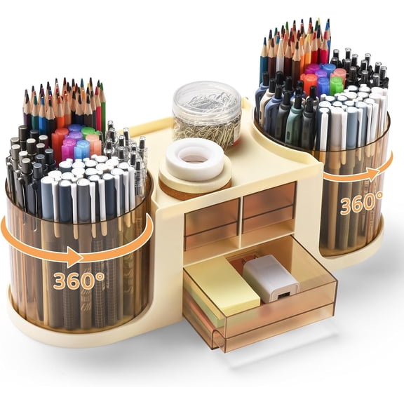 TACYKIBD Rotating Desk Organizer with 2 Pen Holder, Desk Organizers and Accessories with 10 Slots Pencil Holder for Desk 3 Drawer, Art Supply Storage Box Caddy for Office Home