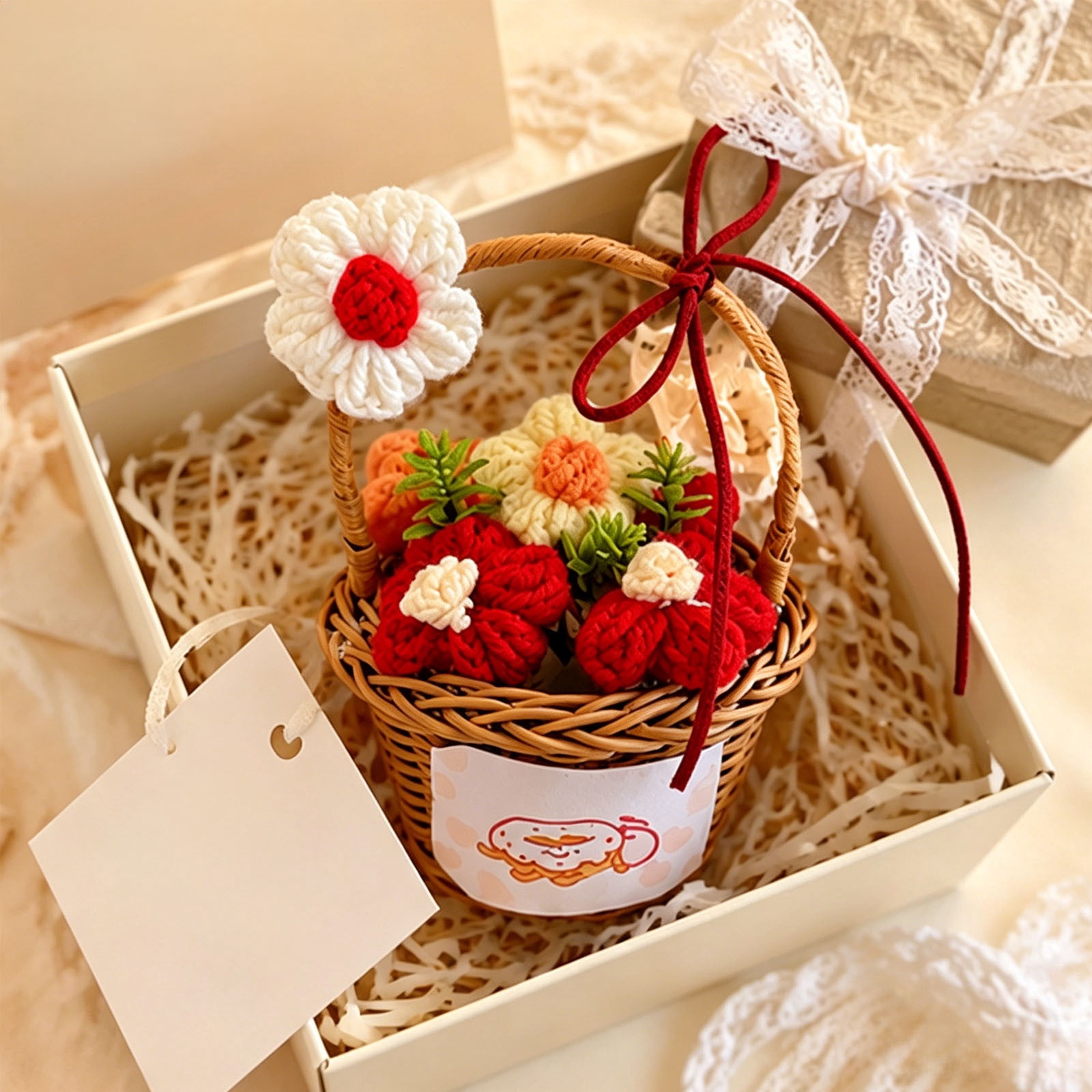 Dvumao Handmade Crochet Flower Basket, Knit Flower Bouquet in