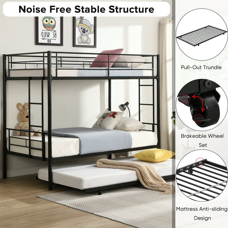 Clipeyh Modern Kids Adults Geometric Metal Twin Bunk Bed with Trundle and Guard Rail Black
