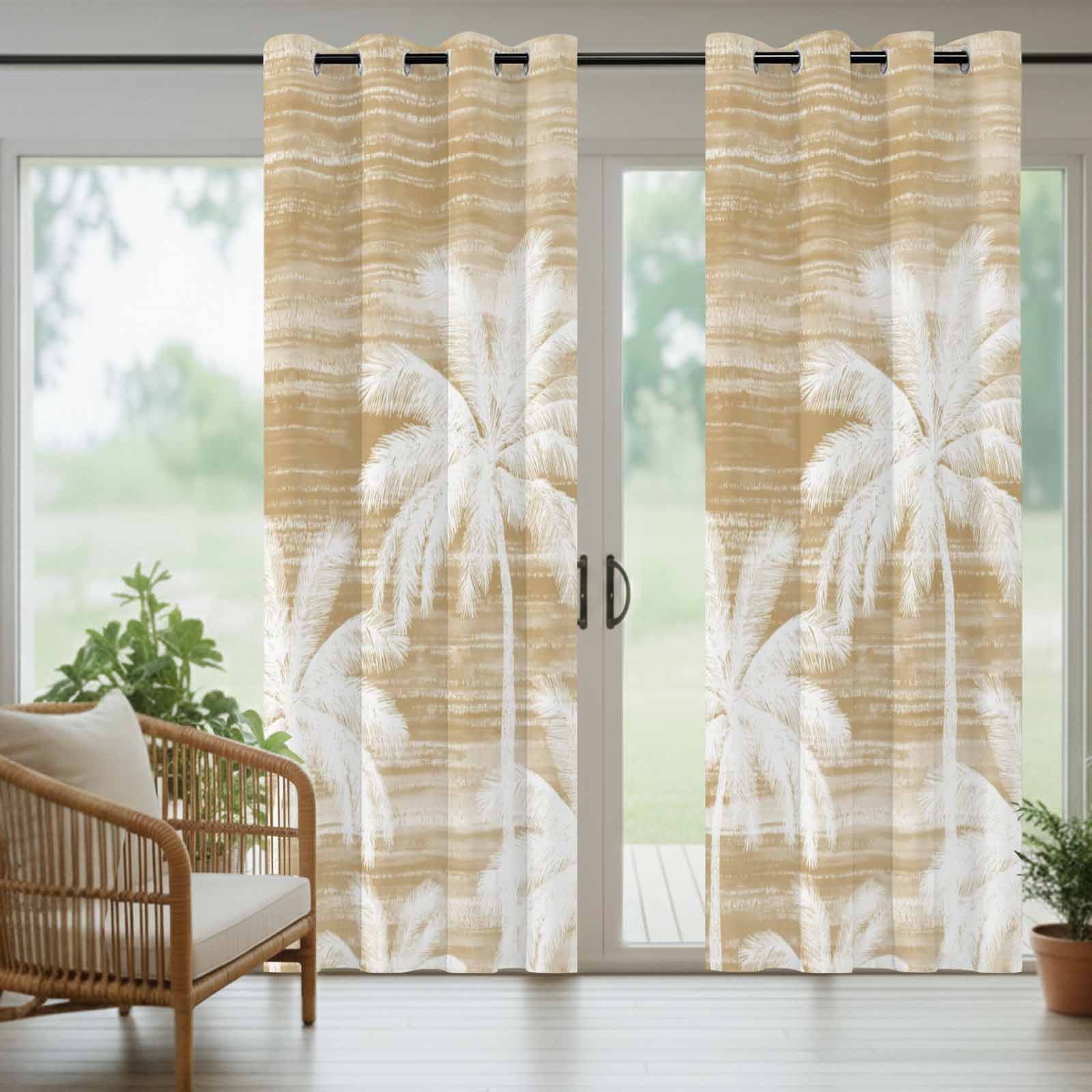 Summer Palm Trees Outdoor Curtains for Patio, Tropical Coastal Rustic Brown Abstract Sunshade Privacy Drapes Grommet Waterproof Outside Curtains for Porch/Cabana/Balcony 54"x 108", 1 Panel