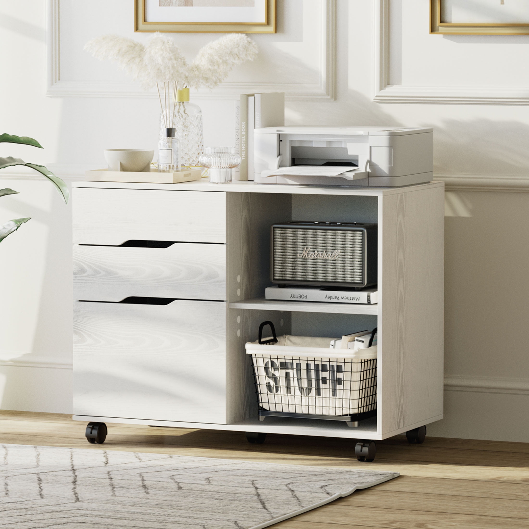 JIOABL 3-Drawer File Cabinet, Lateral Mobile Filing Cabinet Wood Storage Organizer with Wheels, Printer Stand & Open Shelves for Home Office, White