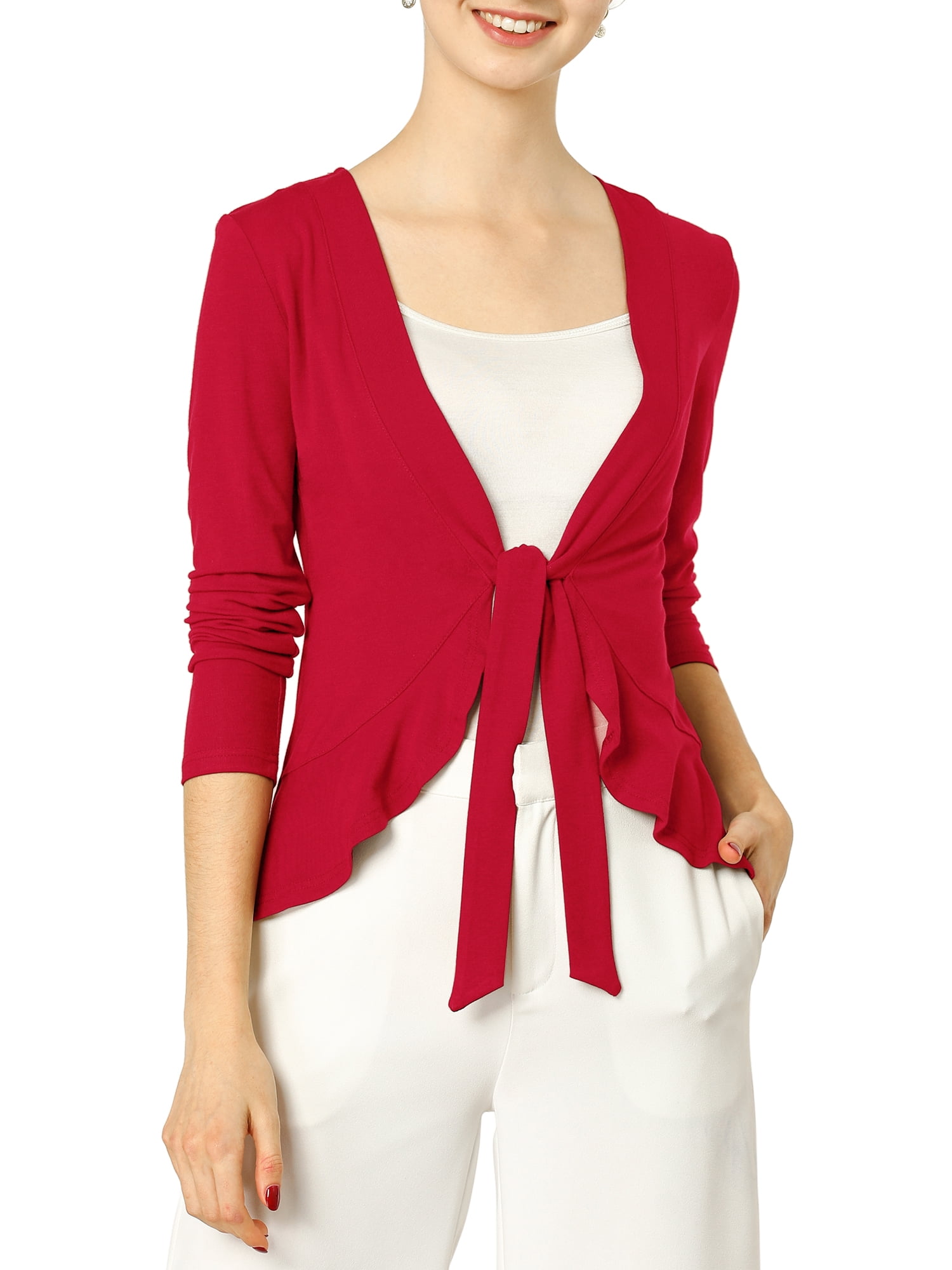 Unique Bargains Women s Long Sleeve Tie Front Ruffled Hem Crop