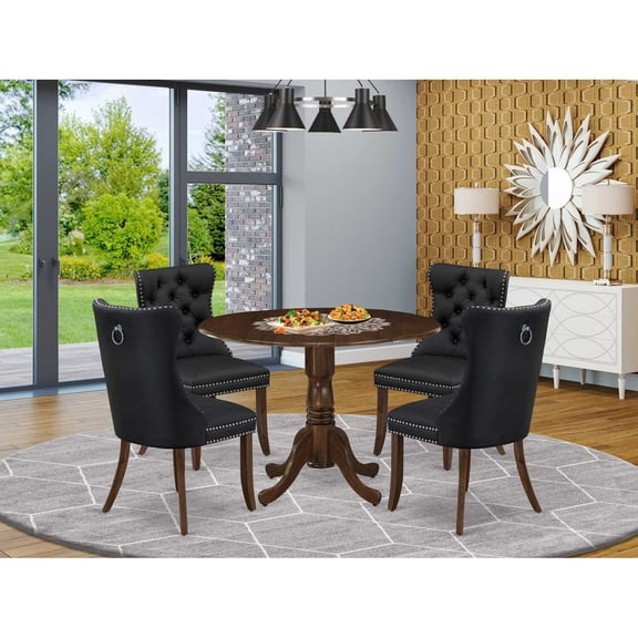 Modern 5 Piece Kitchen Dining Set - Round Table with Dropleaf & 4 Chairs