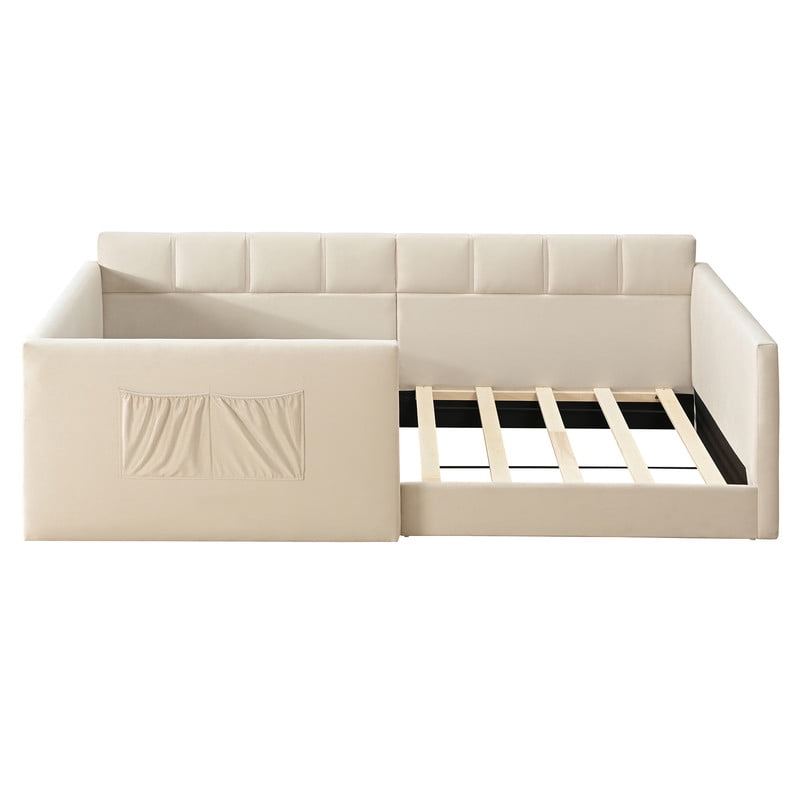 Twin Size Velvet Daybed with 2 Storage Pockets, Upholstered Guest Sofa Bed Frame with High & Padded Backrest