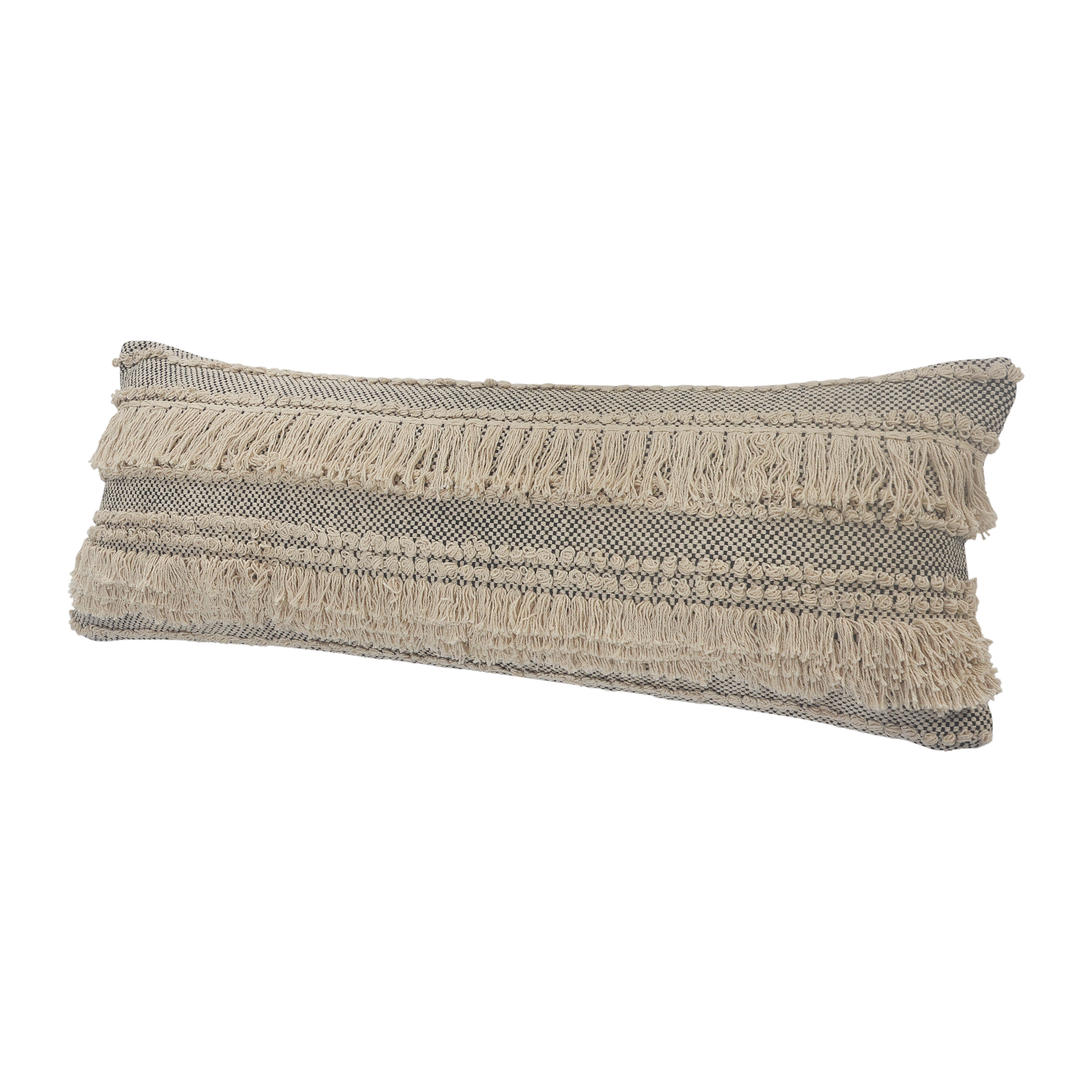 LR Home Elia Natural/Black Striped Cotton Fringed Adult Decorative Lumbar Pillow
