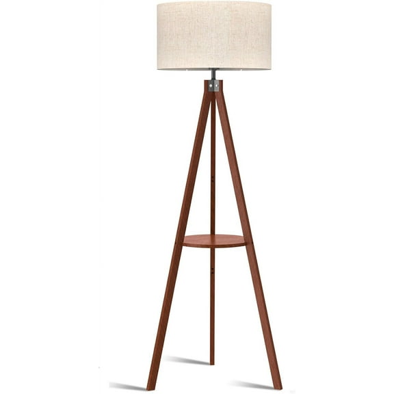 LEPOWER Tripod Floor Lamp, Mid Century Wood Standing Lamp, Modern Design Shelf Floor Lamp for Living Room, Bedroom, Office, Flaxen Lamp Shade with E26 Lamp Base Brown