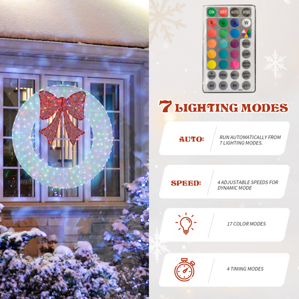 Alvantor 36-Inch Metal Christmas Wreath with 165 LED Lights, Red Bow, Remote and Timer, White