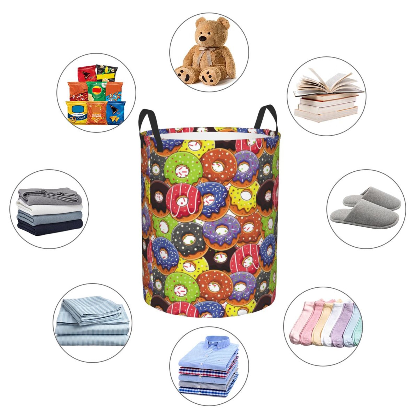 Large Laundry Basket with Handles - Donut Print No.9054 Kids Baby Dirty Clothes Laundry Hamper for Bedroom Aesthetic