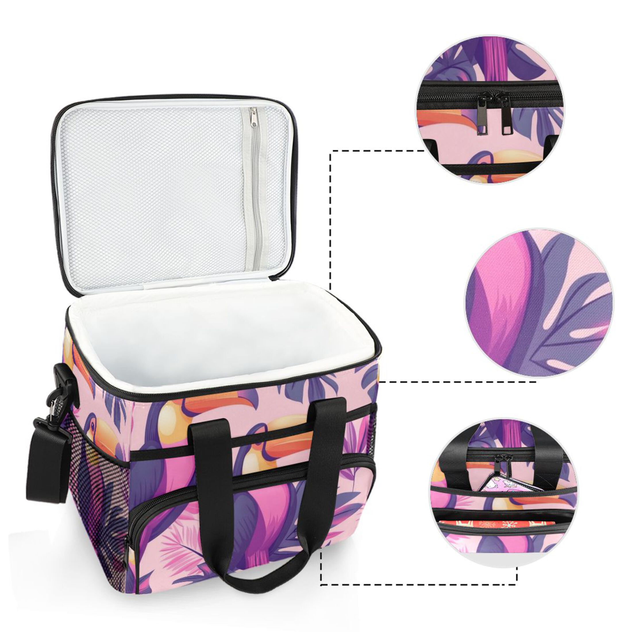 Purple Toucans Insulated Lunch Bag 15L Cooler Box for Women Men Work Camping Beach Travel