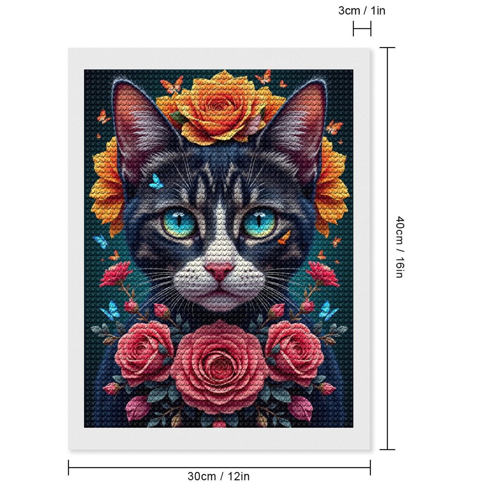 Diamond Art Kits for Adults, Cat Roses Butterflies Bright Blue Eyes 5D Diamond Painting Kits for Adults Beginners, DIY Full Drill Diamond Painting, Gem Art and Crafts 12x16