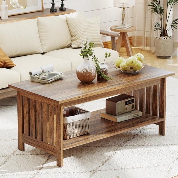 39.4 Farmhouse Coffee Table, Retro Wood 2-Tier Coffee Table with Storage