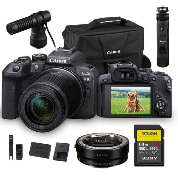 Canon EOS R10 Mirrorless Camera with RF-S 18-150mm Lens – 24.2MP APS-C Sensor, 4K 60p Video, Dual Pixel AF II, Compact Travel-Friendly (5331C016)   Adapter EF-EOS R   64GB Card   DM-E100 Mic   More