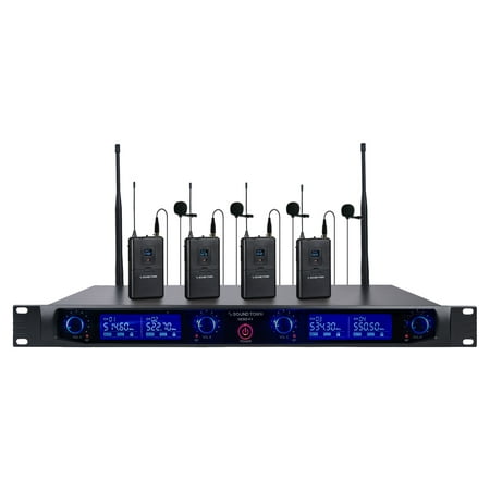 Sound Town 4 Channels Professional UHF Wireless Microphone System with Rack Mountable Metal Receiver and 4 Lavalier Mics with Bodypack Transmitters, for Church, School, Meeting, Party and