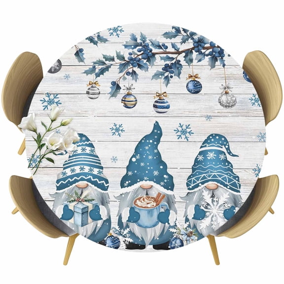 Blue Gnomes Christmas Round Tablecloth, Fitted Table Cover with Elastic for 45"-54" Round Tables, Xmas Ball Snowflake Gifts Botanical Wooden Table Cloth Outdoor Dinning Party Waterproof Tablecloths