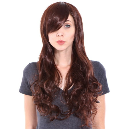 Ladies Long Wavy Curly Reddish Brown Hair Wig for Cosplay