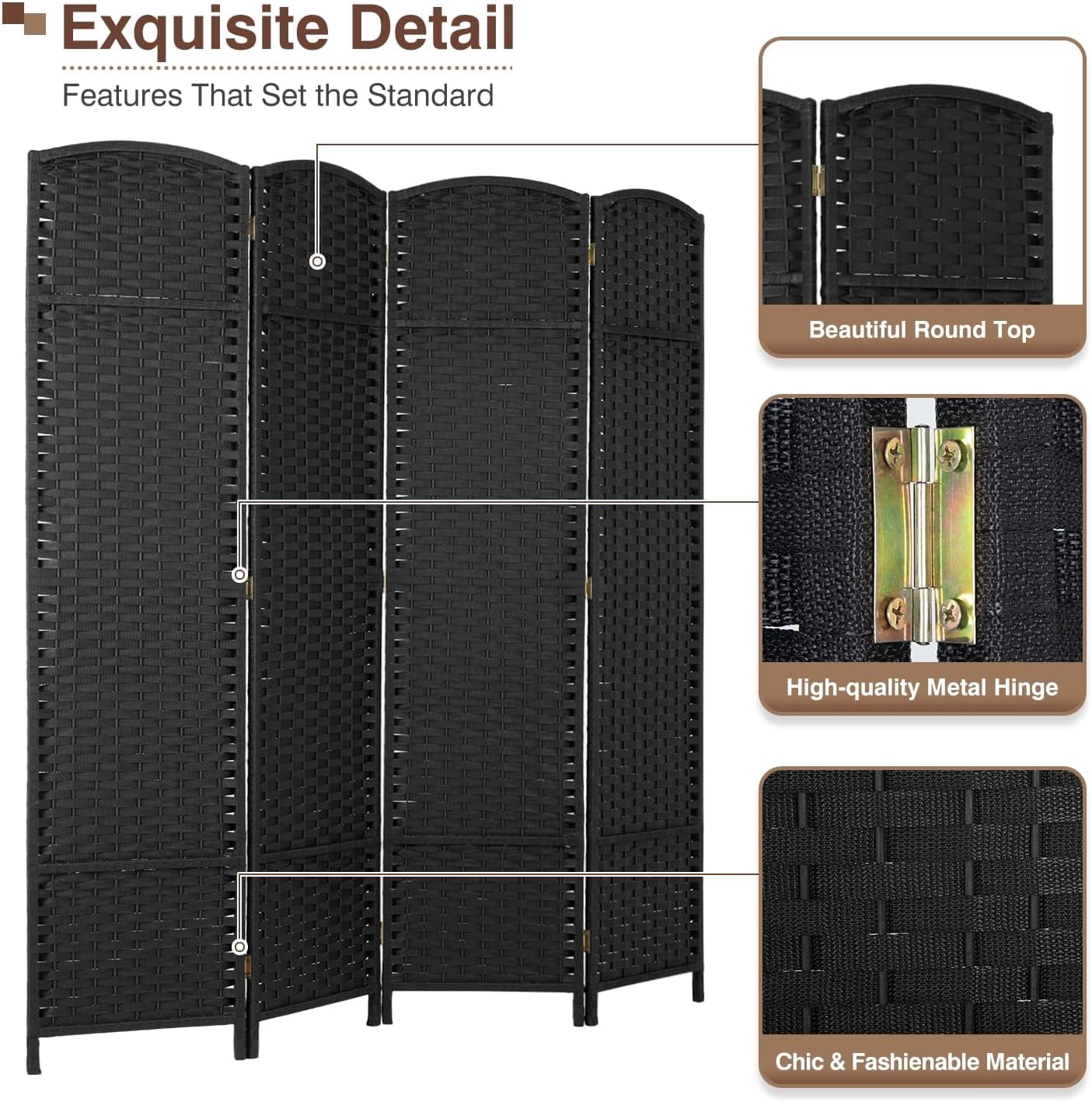Dkelincs 4 Panel Room Dividers 5.6 FT Tall Portable Privacy Screen Folding Wood Partition Wall Divider for Room Separation, Black