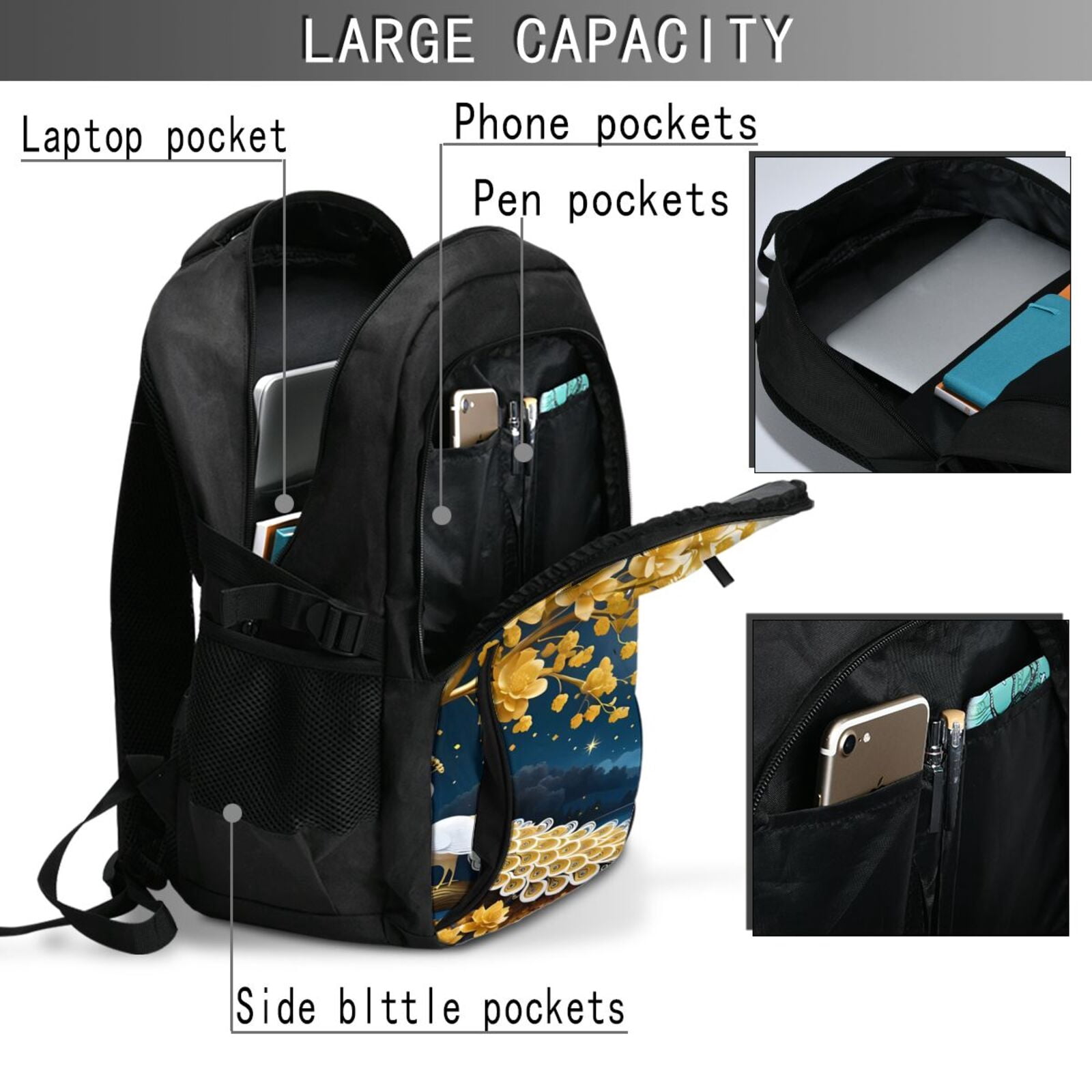 Vsdgher Moonlit Golden Tree Peacock Print Travel Laptop Backpack, Laptops Backpack with USB Charging Port, Water Resistant Computer Bag Gift for Men & Women
