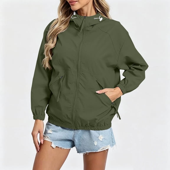 FDGIU Women's Oversized Hooded Windbreaker Jacket, Full Zip Elastic Cuff Lightweight Casual Coat with Zipper Side Pockets for Hiking Beach Travel Daily Layering