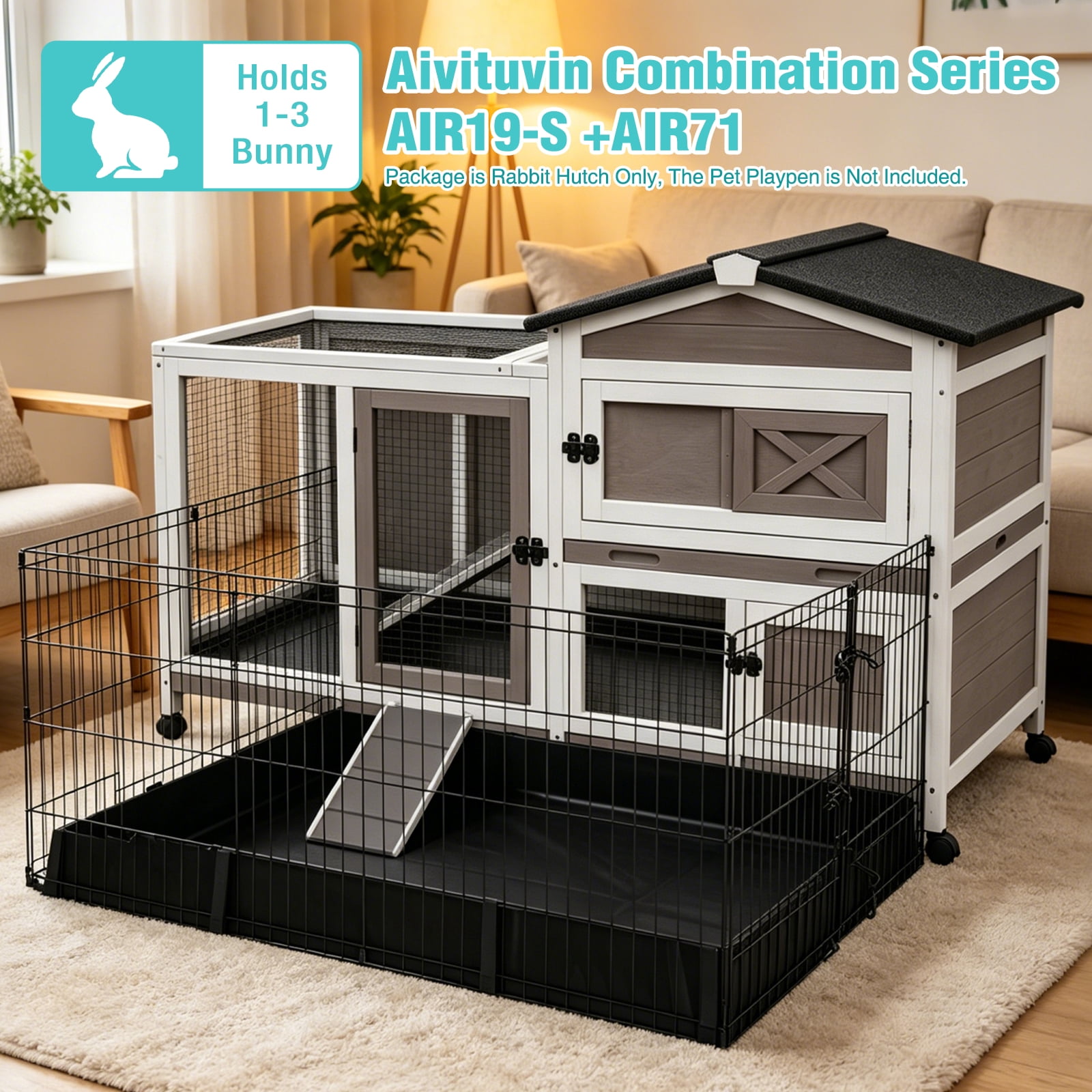 Aivituvin 60" Rabbit Hutch with Chew-Proof Ramp & Waterproof Roof Indoor/Outdoor Bunny Cage, 2-Story Rabbit House with with 6 Lockable Wheels & 3 Leak-Resistant Trays Brown