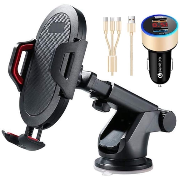 Universal Car Mount Mobile Phone Holder Car Dashboard with Free Charger and Free 3 in 1 Cable for android and iOS Cellphones.