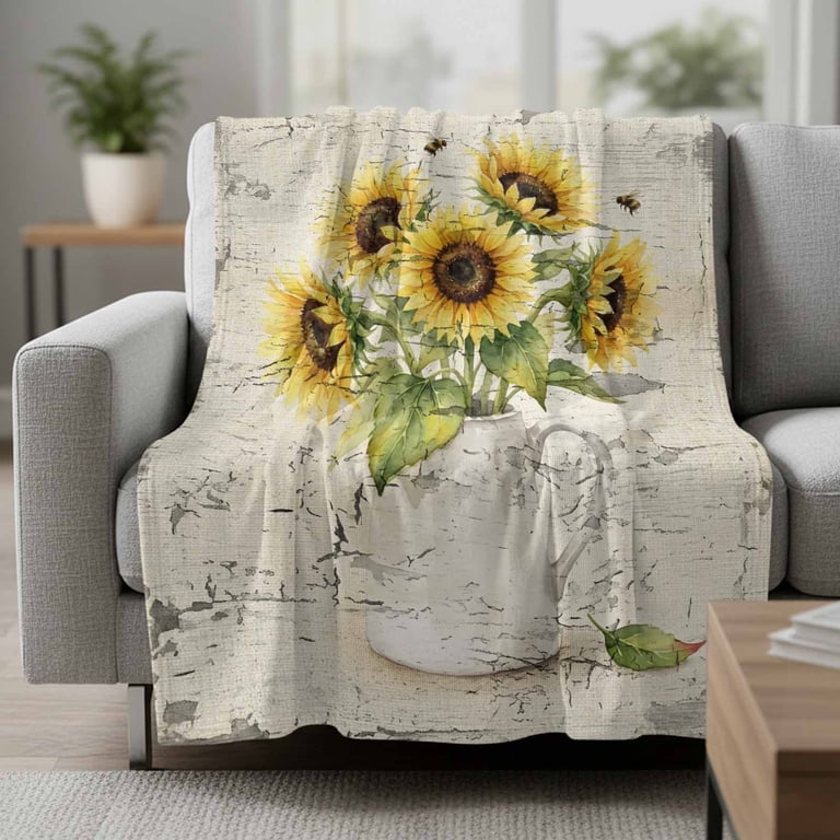 Yellow Floral Fleece Throw Blanket Lightweight Retro Sunflower