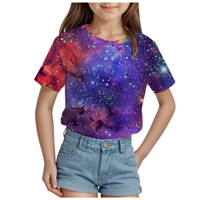 2DXuixsh Vêtements d'Été pour Filles T-Shirt Mignon Hauts Juniors T-Shirts Graphiques pour Adolescentes Mode Ciel Cosmique Imprimé Manches Courtes T-Shirt Col Rond Imprimé Hauts d'Été Rouge Melon D\'eau Taille 130
