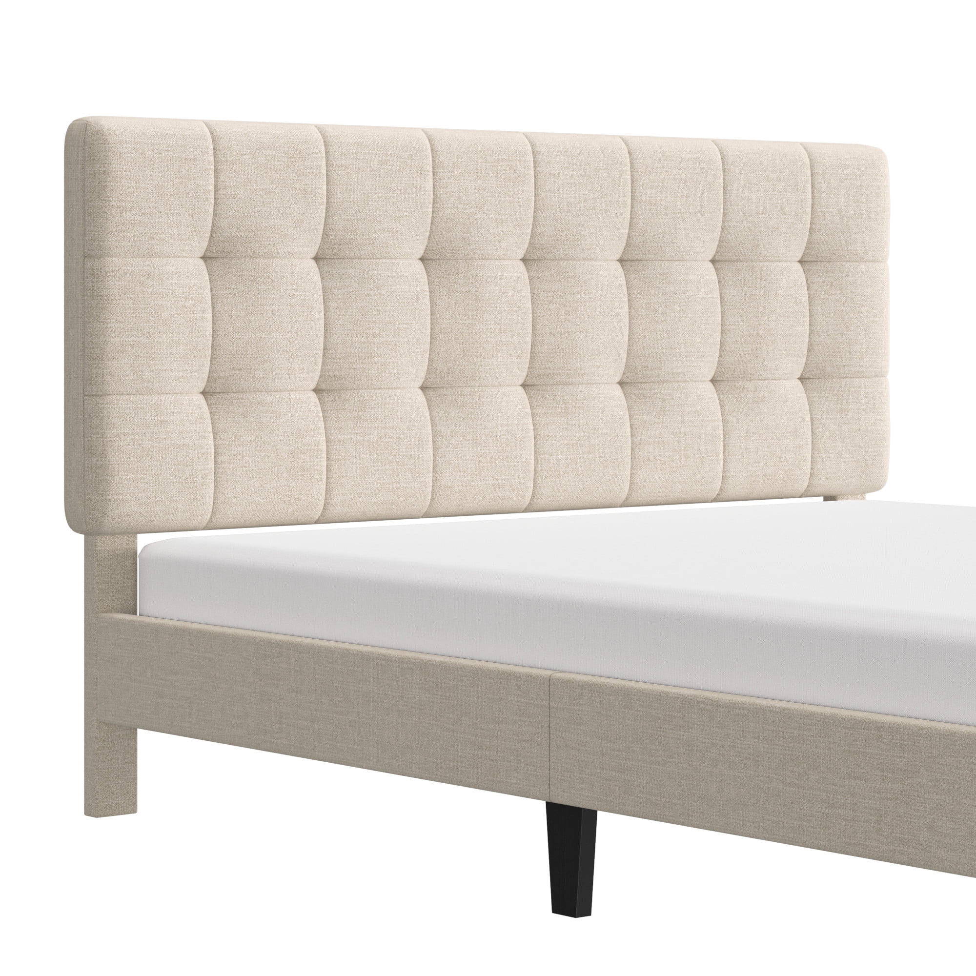 Mainstays Hillside Queen Platform Bed with Square Tufted Upholstered Headboard, Ivory Fabric