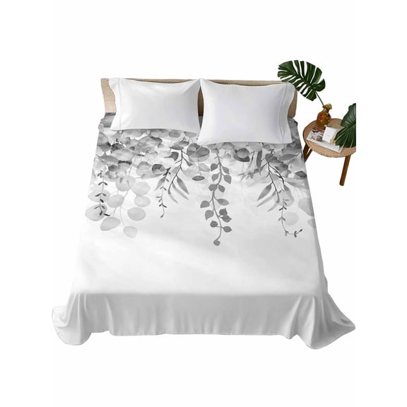 Twin Flat Sheet 66"x96", Grey Botanical Soft Lightweight Bedding Flat Sheets Only, Weeping Eucalyptus Leaves Watercolor Brushed Microfiber Top Bed Sheet, Breathable StainResistant Bedsheets