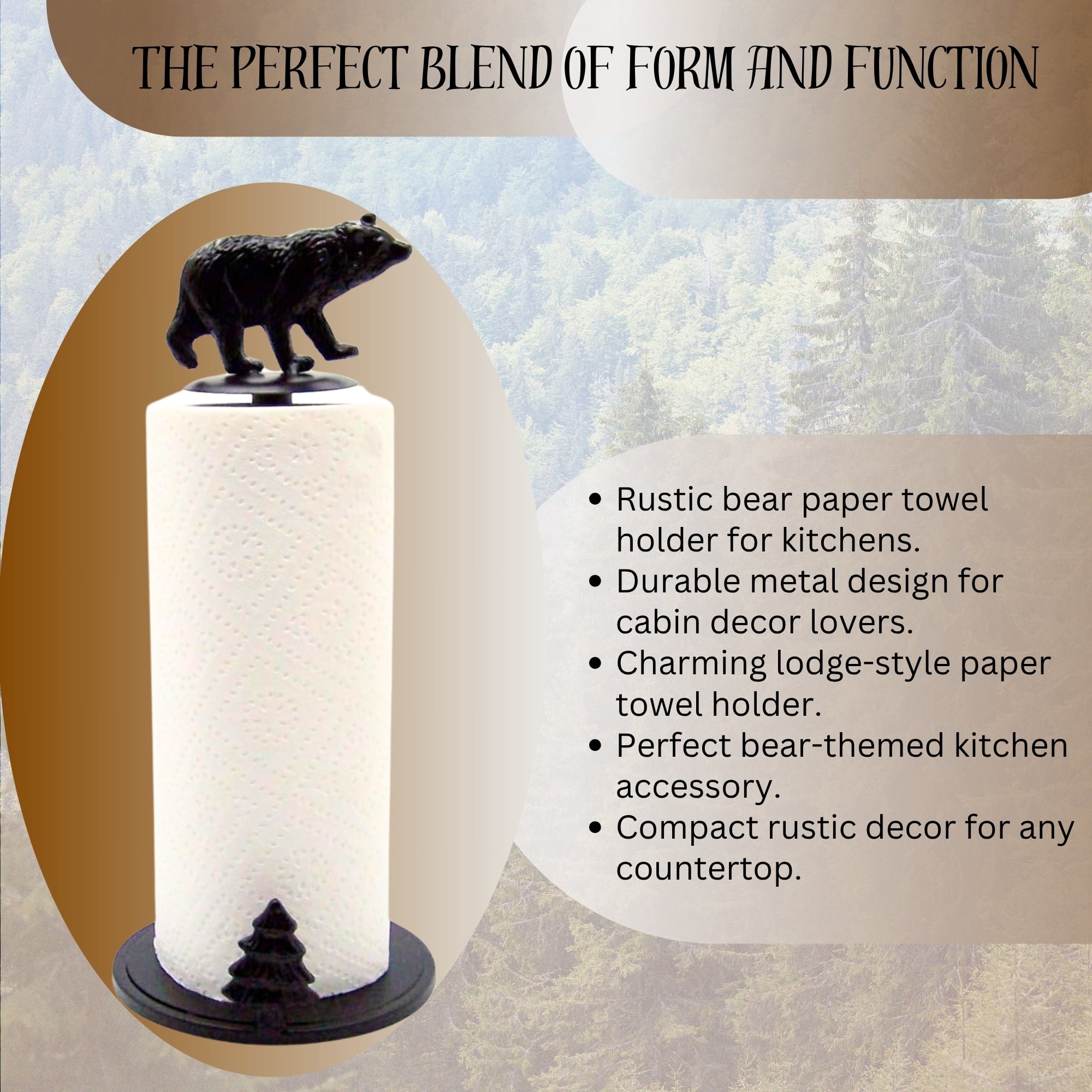 Bear Metal Paper Towel Holder - Rustic Style Kitchen Accessory - Perfect for Cabin and Lodge Decor - Unique Bear Decor for Home - Great Gift for Nature Lovers and Rustic Decor Enthusiasts
