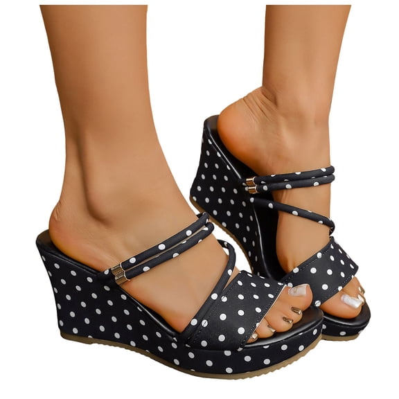 Wedge Sandals for Women Polka Dot Open Toe Strappy Platform Slides Heels Comfortable Non Slip Causal Summer Walking Shoes Black Size 8.5
