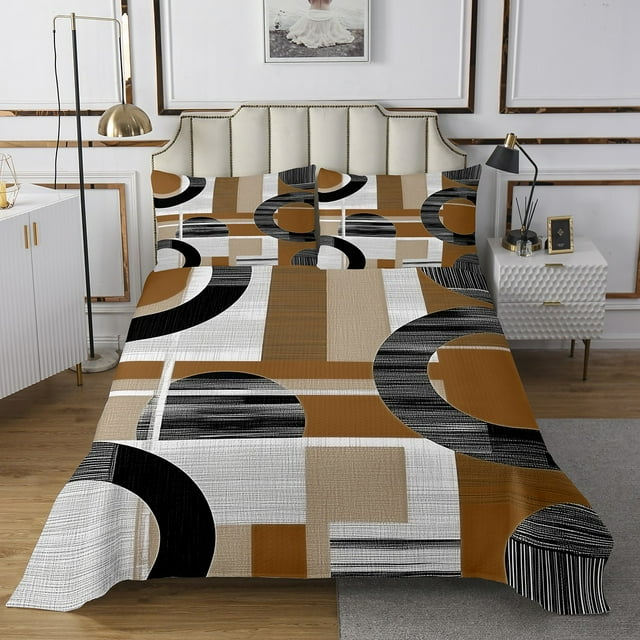 Erosebridal Brown Abstract Quilt Sets for King Size Bed, Chic Rectangle Bed Set, Futuristic Minimalism Decor