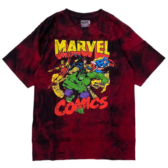 Marvel Comics Men's Officially Licensed Hulk, Iron Man & Captain America Tie Dye Tee T-Shirt (Small, Red/Black Tie Dye)