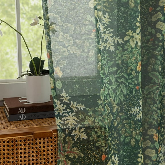 French Country Sheer Curtains 2 Panels Dark Green Leaf Floral Curtains for Bedroom, Rod Pocket Cottagecore Privacy Sheer Curtain Botanical Vintage Farmhouse Drapes