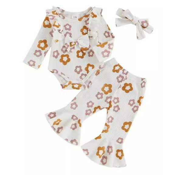 Baby Girl Flower Cherry Print Spring and Autumn Long Sleeve Flared Pants Hairband 3 PC Set