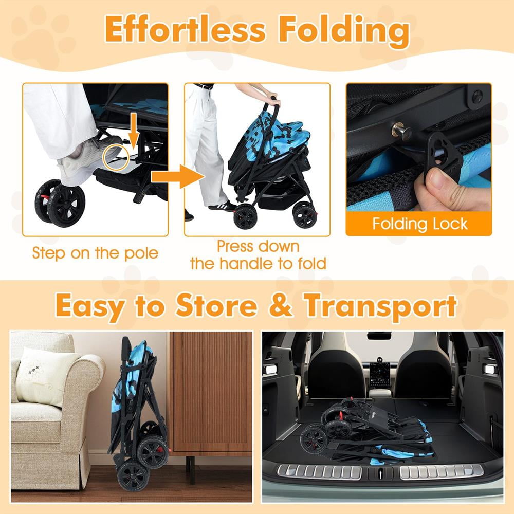 Yardi Yarda Foldable Double Pet Stroller with Adjustable Sunshade and Storage Basket, Dog Strollers, Pet Gear Stroller-Navy