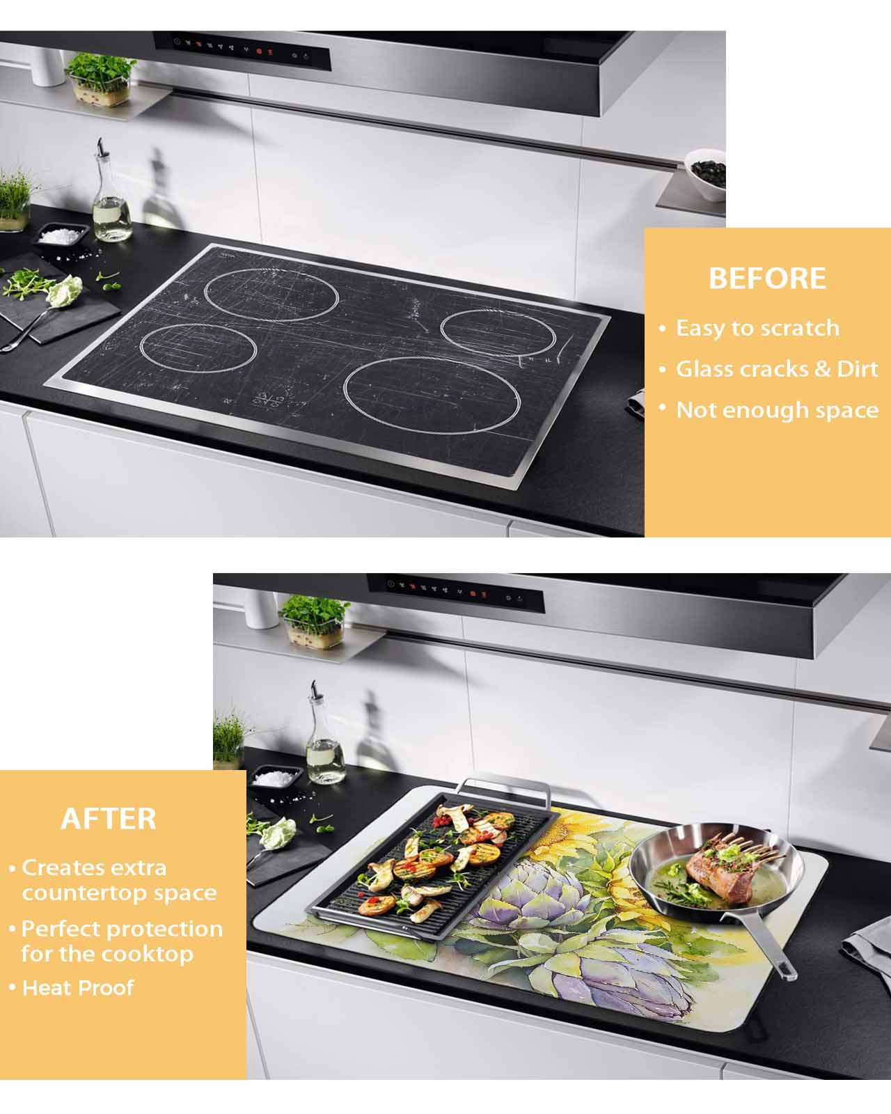 nqOlkjepod Large Induction Cooktop Protector Mat 24"x21", Summer Sunflowers Stove Top Covers for Electric Stove, Watercolor Floral Blossoms Retro Stove Burner Cover Mats, Glass Top Stove Cover