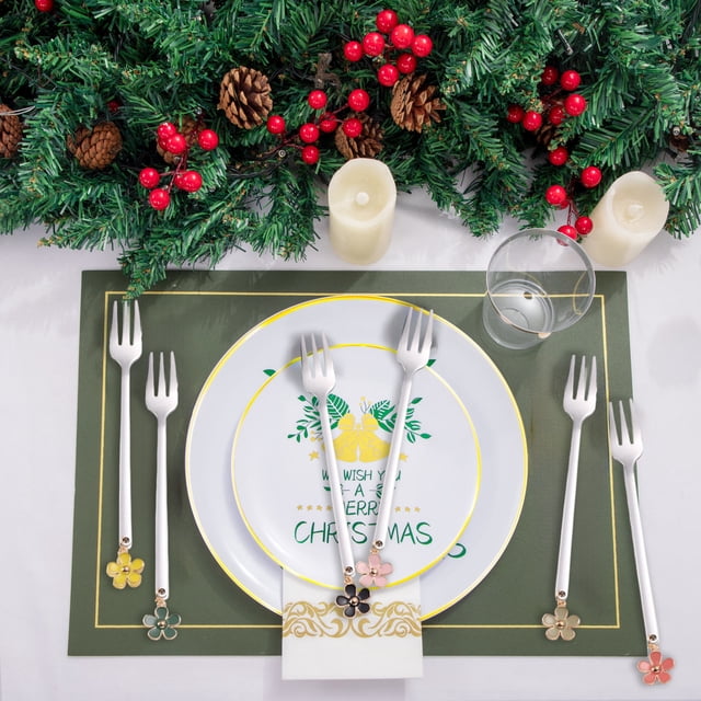 MTBLYS Christmas Spoon Fork Set Stainless Steel Fruit Fork Coffee Spoon Multicolor Flower Design 1 Pieces Dessert Dining Holiday Kitchen Gift
