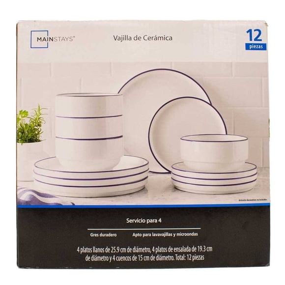 Vajilla Mainstays de Cerámica Diseño Liso con Línea Azul en la Orilla Para 4 Personas 12 Piezas Blanco