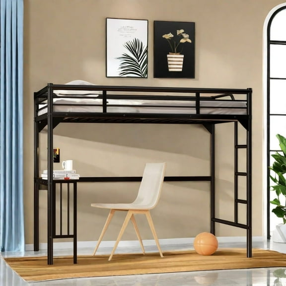MIDODO Metal Loft Bed, Twin Loft Bed Frame, Mattress Foundation,Space-Saving, Noise Free, for Adults/Teens, No Box Spring Needed