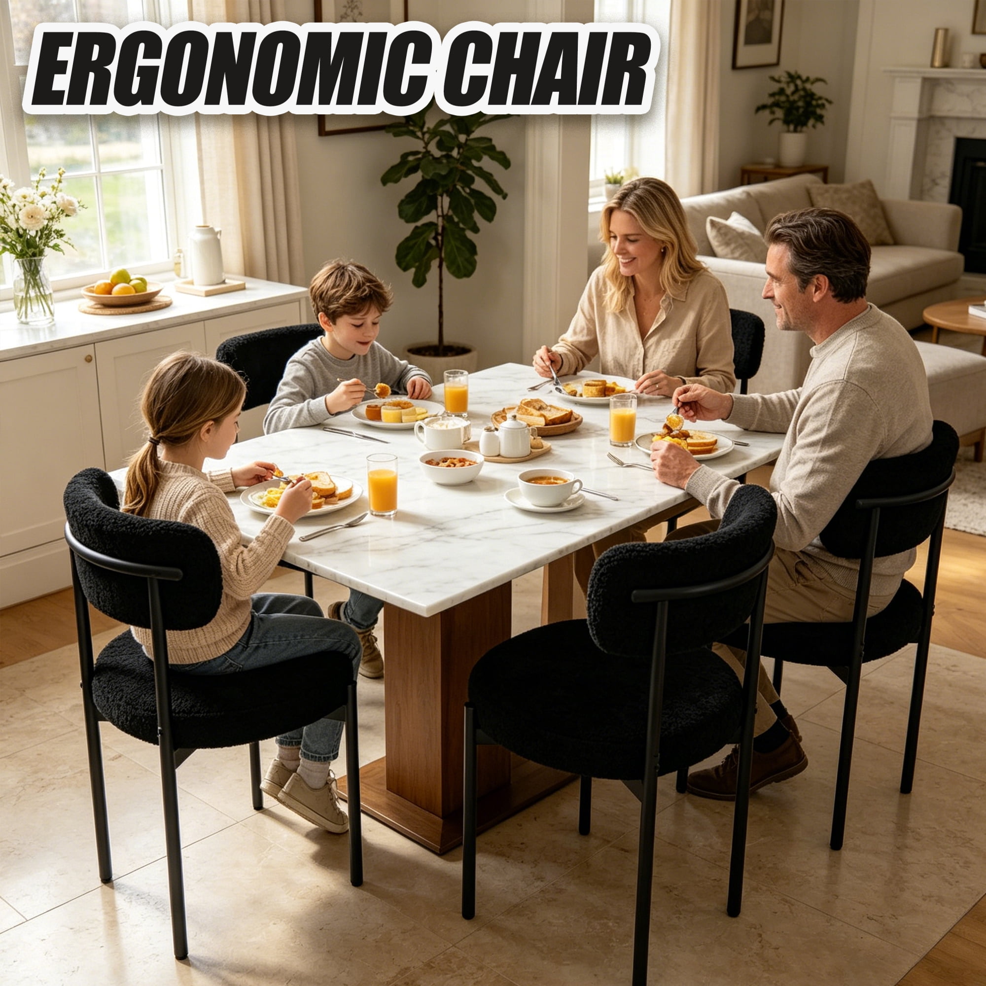 Medieval Modern Dining Chair Set of 4, Round Seat Cushions Black Metal Legs Curved Back, for Restaurants Dining Rooms Kitchen Home, Easy to Assemble, Black