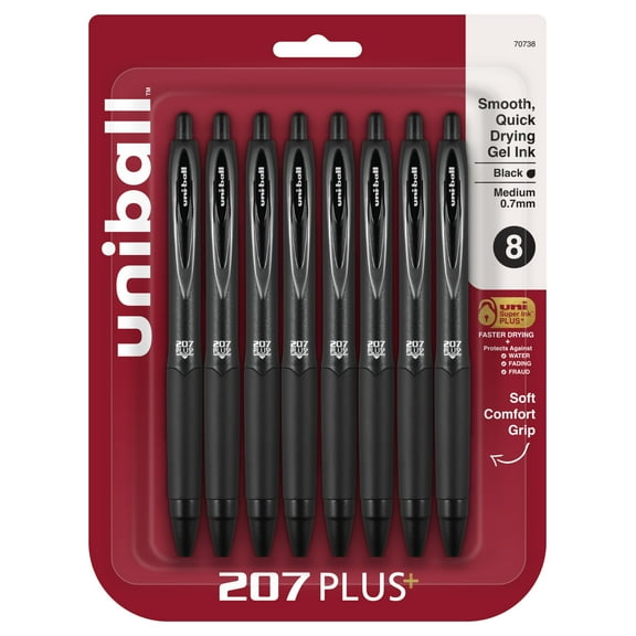 uniball™ 207 Plus  Retractable Gel Pens, Medium Point (0.7mm), Black, 8 Pack
