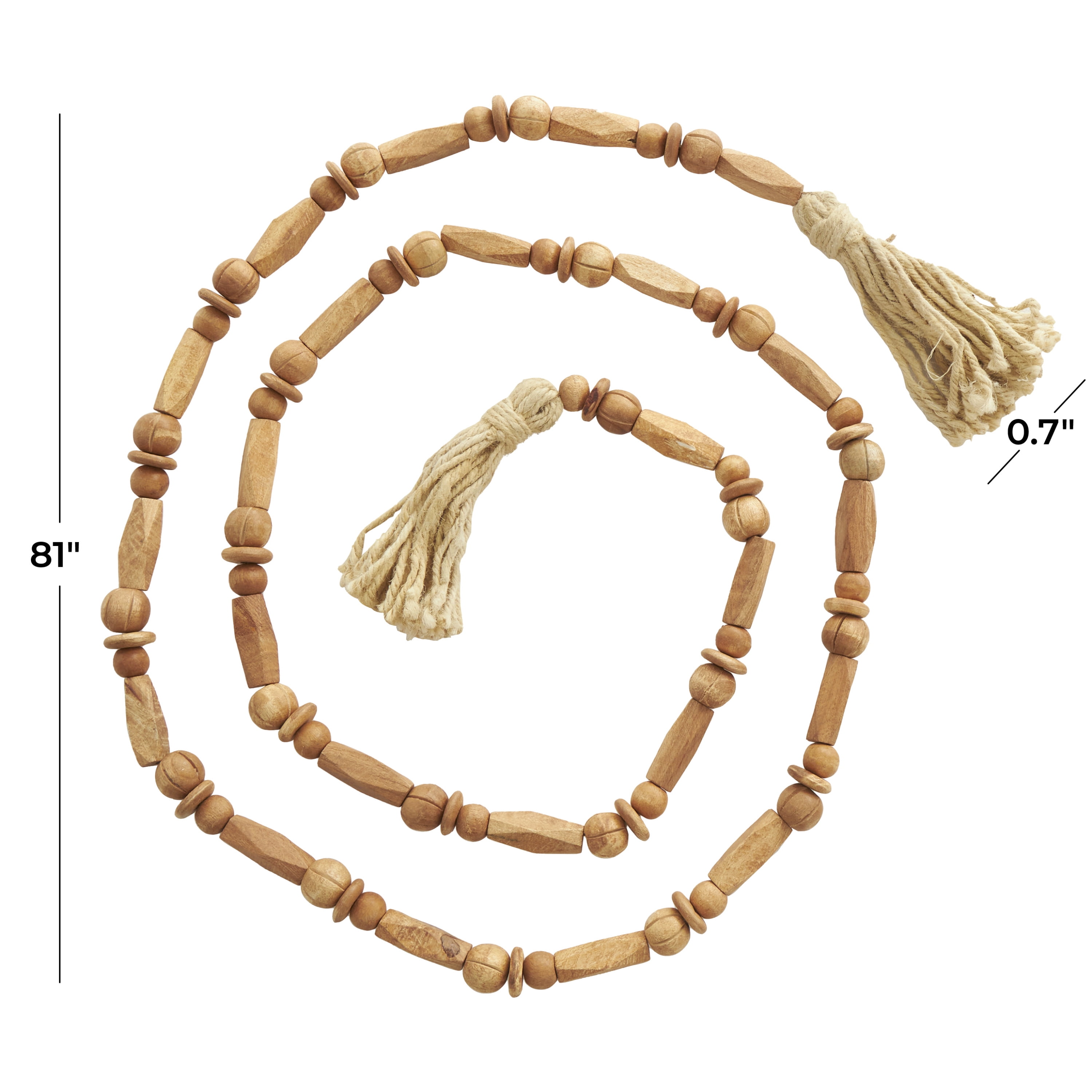 DecMode Handmade Rectangle Carved Geometric Long Beaded Brown Mango Wood Garland with Tassel