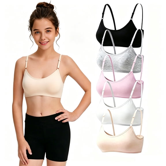 Cotton Wireless Light Padded Sports Bra Girls 5 Pack Adjustable Straps 10-16