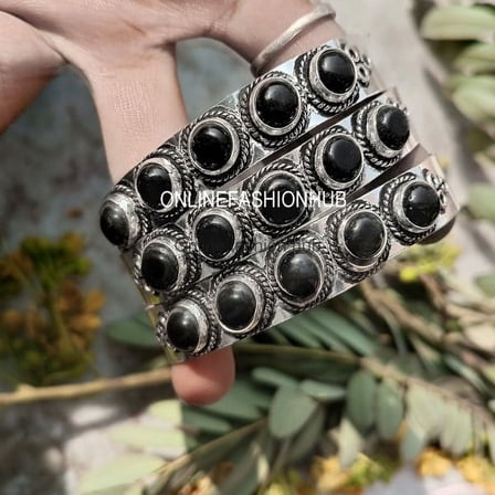 Black Onyx Gemstone 925 Sterling Silver Plated HandmadeBangle 10 pcs