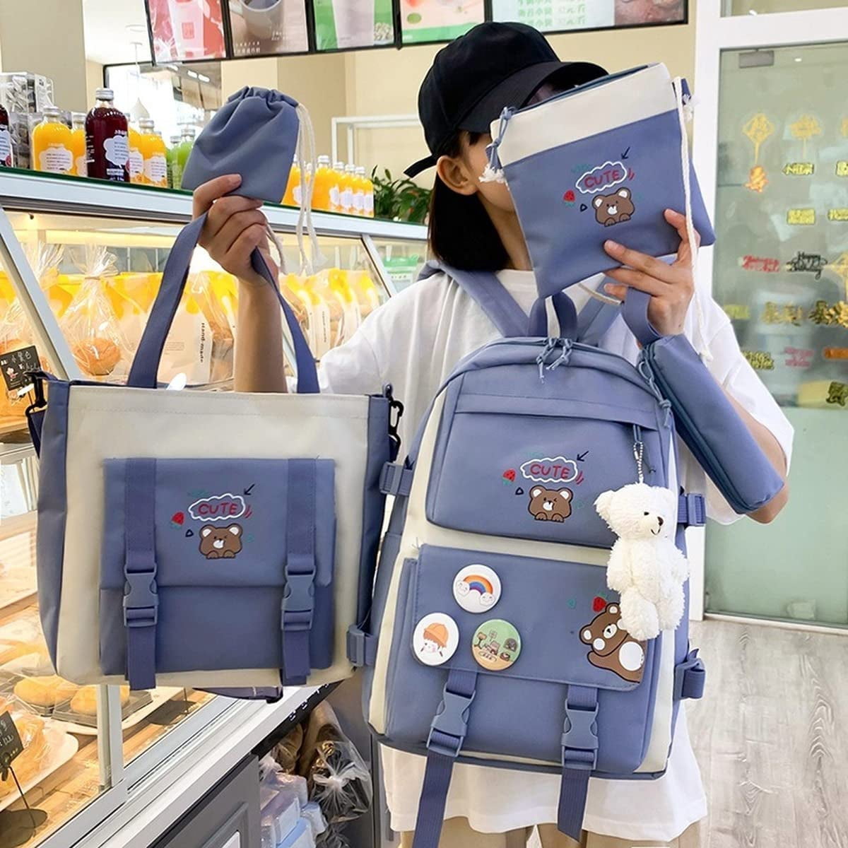 5Pcs Kawaii Cute Backpacks Combo Set with Bear Pendant & Pins - Back To School Supplies Japanese Anime Student Daypack Bag Kit with Tote