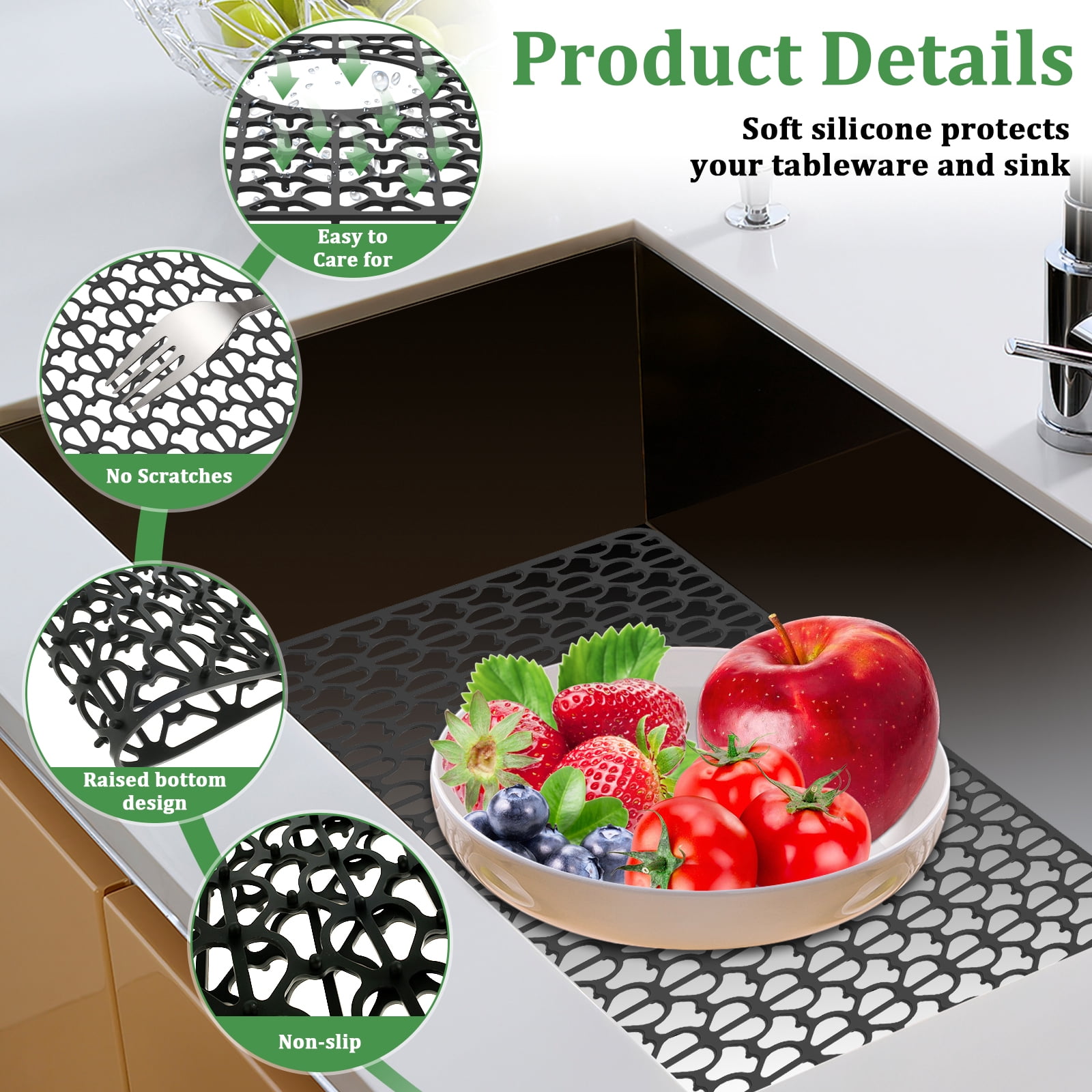 Tzgsonp Silicone Sink Protectors for Kitchen, Anti-Slip Sink Mat Folding Sink Drain Mat Dish Drying Pad, Black, 25.98*13.78inch