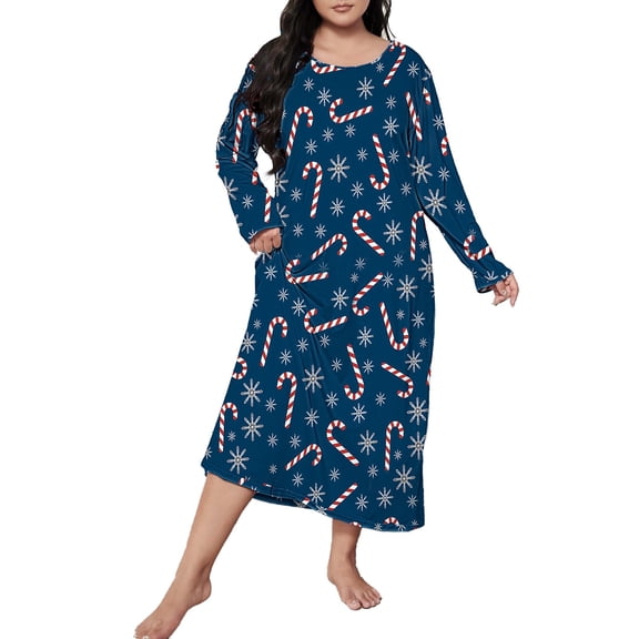 2026 Clothing Long Sleeve Sleep Shirt Crew Neck Womens Plus Size Cute Christmas Print Sleep Dress Round Neck Long Sleeve Loose Fit Nightdress