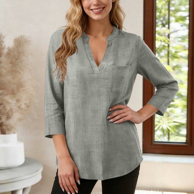 TaTaai Womens Casual Faux Linen V Neck 3/4 Sleeve Blouse With Chest Pocket Button Tab Cuffs Loose Soft Comfortable Daily Wear Top Gift